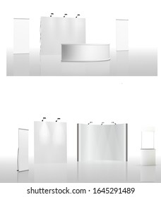 Trade exhibition stand, Exhibition round, 3D rendering visualization of exhibition equipment, Advertising space on a white background, with space for text ads, vector