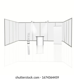 Trade exhibition stand, Exhibition round, 3D rendering visualization of exhibition equipment, Advertising space on a white background, with space for text ads, vector