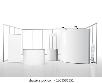 Trade exhibition stand, Exhibition round, 3D rendering visualization of exhibition equipment, Advertising space on a white background, with space for text ads, vector