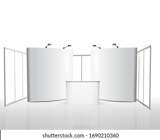 Trade exhibition stand, Exhibition round, 3D rendering visualization of exhibition equipment, Advertising space on a white background, with space for text ads, vector