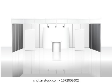 Trade exhibition stand, Exhibition round, 3D rendering visualization of exhibition equipment, Advertising space on a white background, with space for text ads, vector
