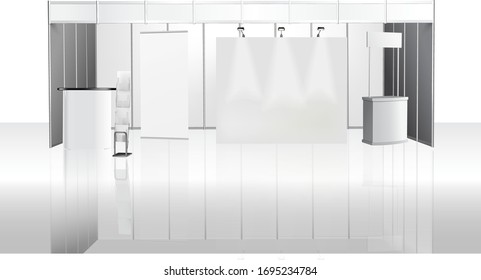 Trade exhibition stand, Exhibition round, 3D rendering visualization of exhibition equipment, Advertising space on a white background, with space for text ads, vector
