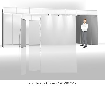 Trade exhibition stand, Exhibition round, 3D rendering visualization of exhibition equipment, Advertising space on a white background, with space for text ads, vector
