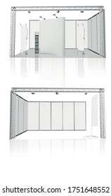 Trade exhibition stand, Exhibition round, 3D rendering visualization of exhibition equipment, Advertising space on a white background, with space for text ads, vector
