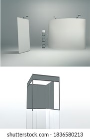 Trade exhibition stand, Exhibition round, 3D rendering visualization of exhibition equipment, Advertising space on a white background, with space for text ads
