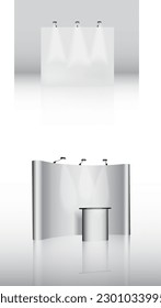 Trade exhibition stand, Exhibition round, 3D rendering visualization of exhibition equipment, Advertising space on a white background, with space for text ads, vector