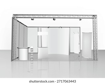 Exposición de comercio stand, ronda de exposición, visualización de renderizado 3D de equipos de exposición, espacio de publicidad sobre un fondo blanco, con espacio para anuncios de texto, Vector
