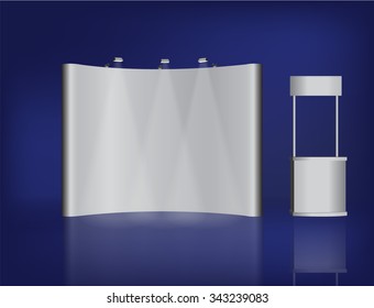 Trade exhibition stand, Exhibition round, 3D rendering visualization of exhibition equipment, Advertising space on a white background, with space for text ads, vector