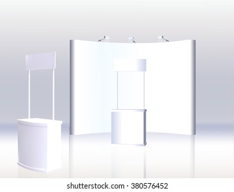 Trade exhibition stand, Exhibition round, 3D rendering visualization of exhibition equipment, Advertising space on a white background, with space for text ads, vector
