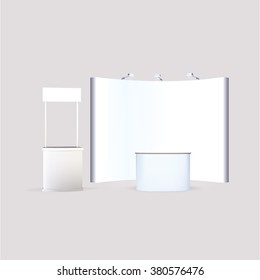 Trade exhibition stand, Exhibition round, 3D rendering visualization of exhibition equipment, Advertising space on a white background, with space for text ads, vector