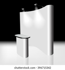 Trade exhibition stand, Exhibition round, 3D rendering visualization of exhibition equipment, Advertising space on a white background, with space for text ads, vector