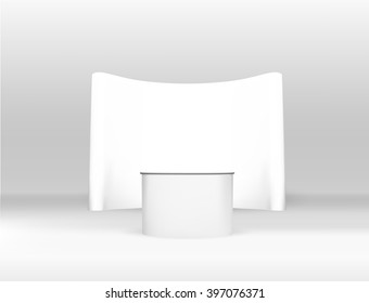 Trade exhibition stand, Exhibition round, 3D rendering visualization of exhibition equipment, Advertising space on a white background, with space for text ads, vector