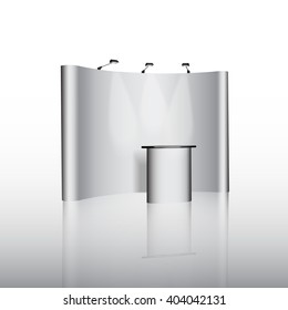 Trade exhibition stand, Exhibition round, 3D rendering visualization of exhibition equipment, Advertising space on a white background, with space for text ads, vector