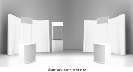Trade exhibition stand, Exhibition round, 3D rendering visualization of exhibition equipment, Advertising space on a white background, with space for text ads, vector
