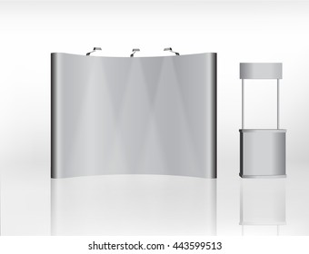 Puesto de exposición comercial, redonda de exposición, visualización 3D de imágenes de exposición, espacio publicitario sobre fondo blanco, con espacio para anuncios de texto, vector