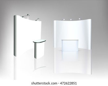 Trade exhibition stand, Exhibition round, 3D rendering visualization of exhibition equipment, Advertising space on a white background, with space for text ads, vector