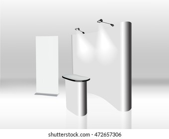 Trade exhibition stand, Exhibition round, 3D rendering visualization of exhibition equipment, Advertising space on a white background, with space for text ads, vector