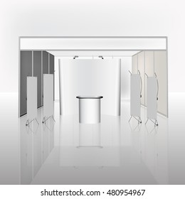 Trade exhibition stand, Exhibition round, 3D rendering visualization of exhibition equipment, Advertising space on a white background, with space for text ads vector