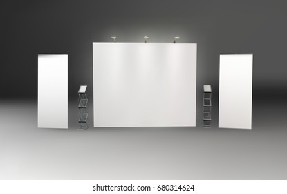 Puesto de exposición comercial, redonda de exposición, visualización 3D de imágenes de exposición, espacio publicitario sobre fondo blanco, con espacio para anuncios de texto, vector