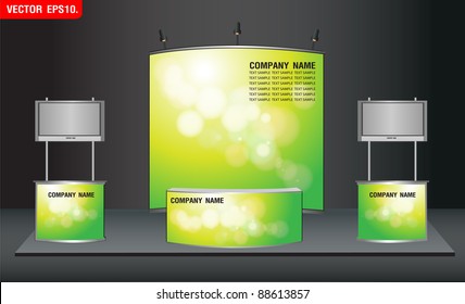trade exhibition stand and widescreen lcd monitor on promotion counter. with green bokeh abstract light identity background ready for use design work. Vector template