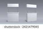 Trade fair booth templates isolated on transparent background. Vector realistic illustration of 3D white stand, blank banner design for branding, business exhibition stall for product presentation