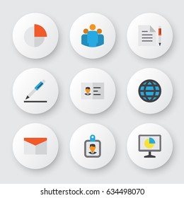 Trade Flat Icons Set. Collection Of Pie Bar, Identification, Envelope And Other Elements. Also Includes Symbols Such As Team, Web, Page.