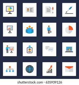 Trade Flat Icons Set. Collection Of Presenting Man, Statistics, Increasing And Other Elements. Also Includes Symbols Such As Message, Graph, Network.