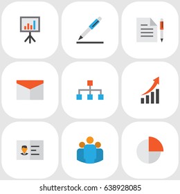 Trade Flat Icons Set. Collection Of Presentation Board, Envelope, Hierarchy And Other Elements. Also Includes Symbols Such As Group, Envelope, Hierarchy.