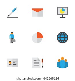 Trade Flat Icons Set. Collection Of Identification, Global, Pen And Other Elements. Also Includes Symbols Such As Graph, Monitor, Web.