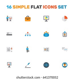 Trade Flat Icons Set. Collection Of Payment, Statistics, Presenting Man And Other Elements. Also Includes Symbols Such As Suitcase, Identification, Statistic.