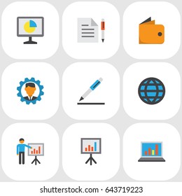 Trade Flat Icons Set. Collection Of Presenting Man, Developer, Presentation Board And Other Elements. Also Includes Symbols Such As Gear, Analytics, Signing.