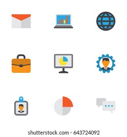 Trade Flat Icons Set. Collection Of Chatting, Diagram, Suitcase And Other Elements. Also Includes Symbols Such As Briefcase, Message, Identification.