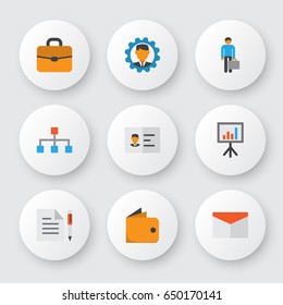 Trade Flat Icons Set. Collection Of Presentation Board, Envelope, Work Man And Other Elements. Also Includes Symbols Such As Pen, Manager, Gear.