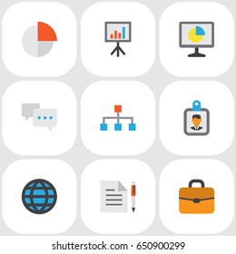 Trade Flat Icons Set. Collection Of Contract, Pie Bar, Chatting And Other Elements. Also Includes Symbols Such As Network, Board, Badge.