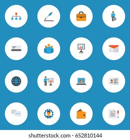 Trade Flat Icons Set. Collection Of Developer, Presenting Man, Diagram And Other Elements. Also Includes Symbols Such As Card, Presentation, Message.