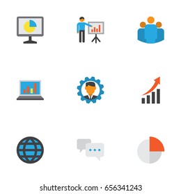 Trade Flat Icons Set. Collection Of Presenting Man, Group, Diagram And Other Elements. Also Includes Symbols Such As Pie, Laptop, Web.