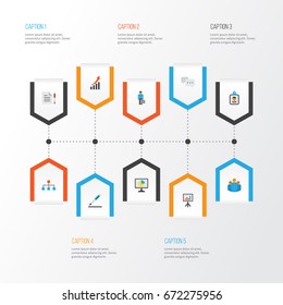 Trade Flat Icons Set. Collection Of Pen, Work Man, Increasing And Other Elements. Also Includes Symbols Such As Presentation, Hierarchy, Id.