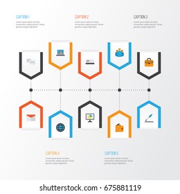 Trade Flat Icons Set. Collection Of Suitcase, Diagram, Envelope And Other Elements. Also Includes Symbols Such As Conversation, Briefcase, Payment.