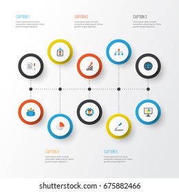 Trade Flat Icons Set. Collection Of Global, Developer, Contract And Other Elements. Also Includes Symbols Such As Signing, Statistic, Pie.