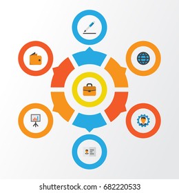 Trade Flat Icons Set. Collection Of Suitcase, Identification, Global And Other Elements. Also Includes Symbols Such As Manager, Briefcase, Presentation.