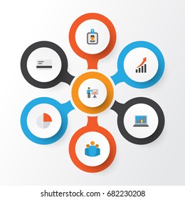 Trade Flat Icons Set. Collection Of Payment, Pie Bar, Presenting Man And Other Elements. Also Includes Symbols Such As Screen, Growing, Payment.
