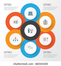 Trade Flat Icons Set. Collection Of Presenting Man, Id Badge, Contract And Other Elements. Also Includes Symbols Such As Man, Structure, Conversation.