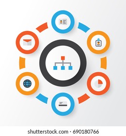 Trade Flat Icons Set. Collection Of Envelope, Pie Bar, Hierarchy And Other Elements. Also Includes Symbols Such As Identification, Structure, Bank.