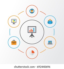 Trade Flat Icons Set. Collection Of Statistics, Pie Bar, Group And Other Elements. Also Includes Symbols Such As Circle, Laptop, Statistic.