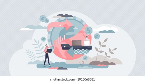 Trade global as worldwide cargo sea container shipping tiny person concept. Export or import market business industry with purchases overseas vector illustration. International cooperation businessman