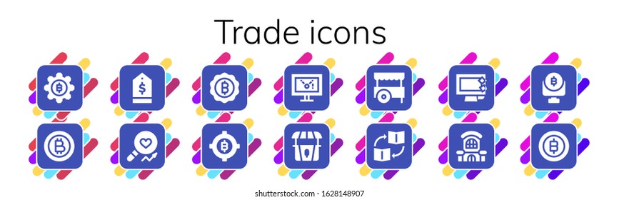 trade icon set. 14 filled trade icons. Included Bitcoin, Tag, Analysis, Display, Stand, Cart, Trade, Mall icons