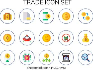 trade icon set. 15 flat trade icons.  Collection Of - bitcoin, export, fair ship, pound sterling, no shopping cart, currency, exchange, analysis