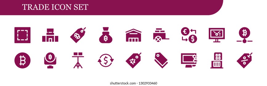  trade icon set. 18 filled trade icons.  Simple modern icons about  - Marquee, Mall, Tag, Bitcoin, Supermarket, Cart, Money exchange, Display, Stand, Currency exchange, Shopping center