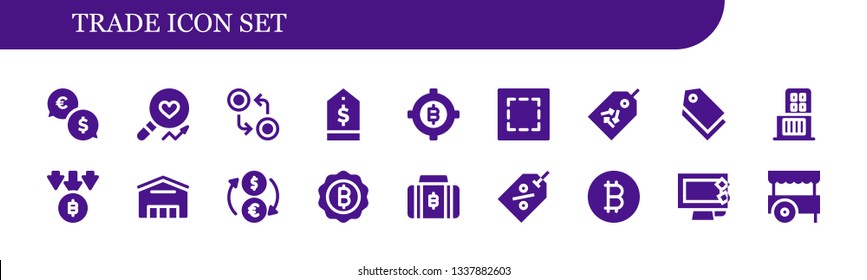 trade icon set. 18 filled trade icons.  Simple modern icons about  - Exchange, Analysis, Currency, Tag, Bitcoin, Marquee, Shopping center, Supermarket, Display, Cart