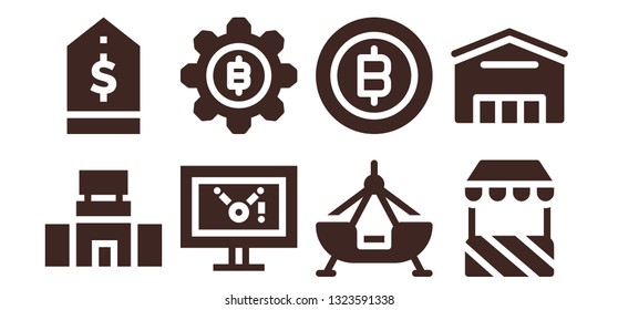 trade icon set. 8 filled trade icons.  Collection Of - Mall, Tag, Display, Bitcoin, Fair ship, Stand, Supermarket
